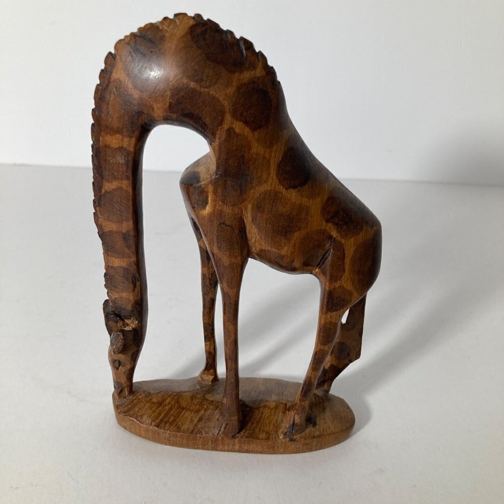 Hand Carved Wood Feeding Giraffe 3 x 6" Made in Kenya